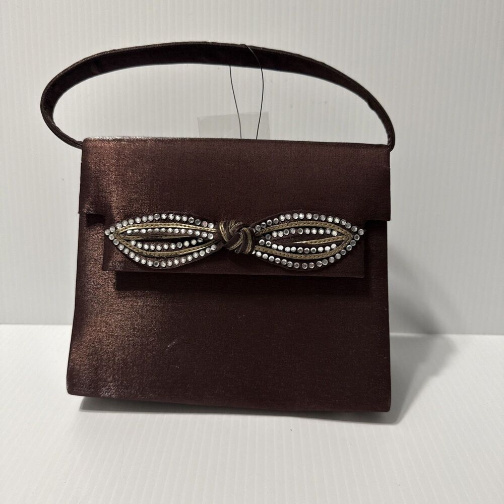 Brown Embellished Bow Evening Clutch Purse Handbag Small